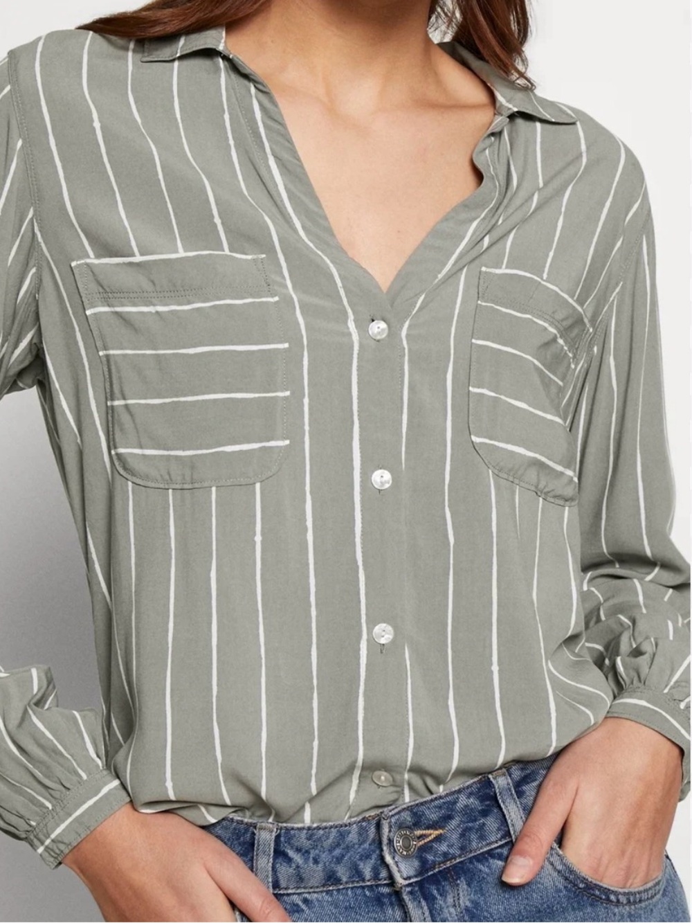 Abercrombie & Fitch Olive Gray Striped Button-Front Shirt